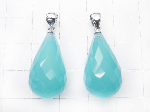 Sea Blue Chalcedony AAA Faceted Drop Pendant 22x12mm Silver925