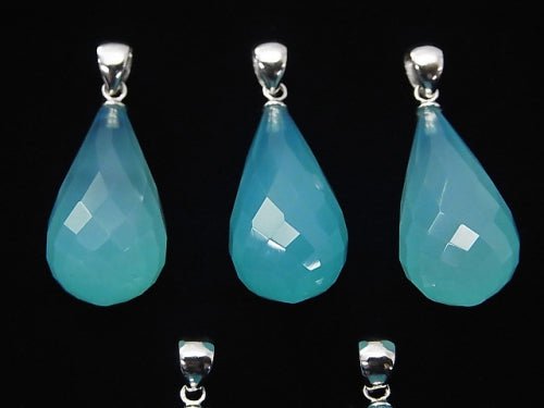 Sea Blue Chalcedony AAA Faceted Drop Pendant 22x12mm Silver925