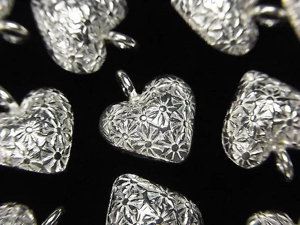 Karen Silver Flower Pattern Heart Charm 15x12mm White Silver 1pc
