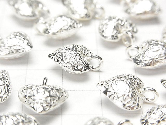 Karen Silver Flower Pattern Heart Charm 15x12mm White Silver 1pc