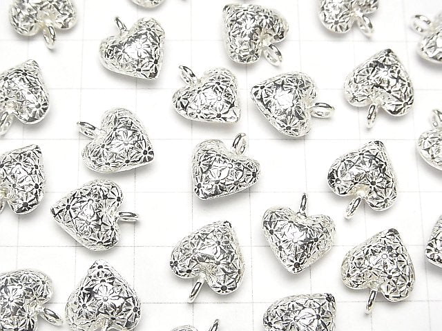 Karen Silver Flower Pattern Heart Charm 15x12mm White Silver 1pc