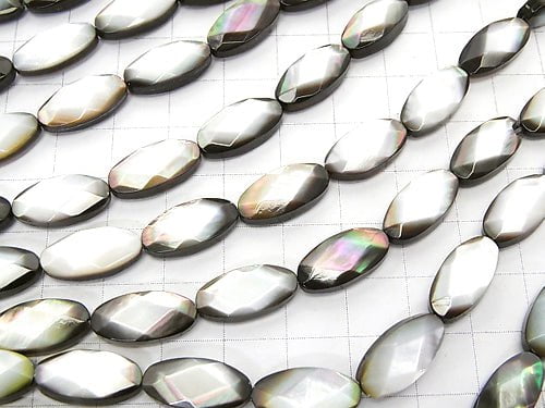 Black Shell (Black-lip Oyster) AAA Faceted Oval 16 x 8 x 4 mm half or 1 strand beads (aprx.15 inch / 36 cm)