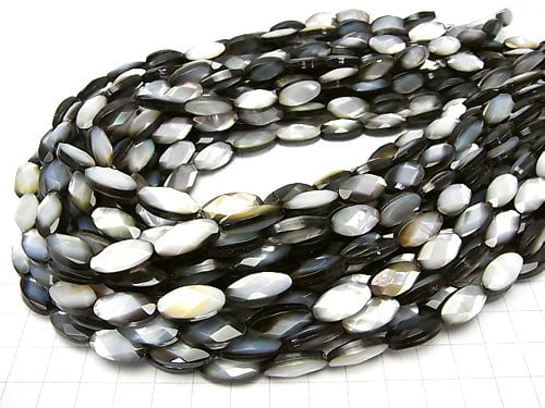 Black Shell (Black-lip Oyster) AAA Faceted Oval 16 x 8 x 4 mm half or 1 strand beads (aprx.15 inch / 36 cm)