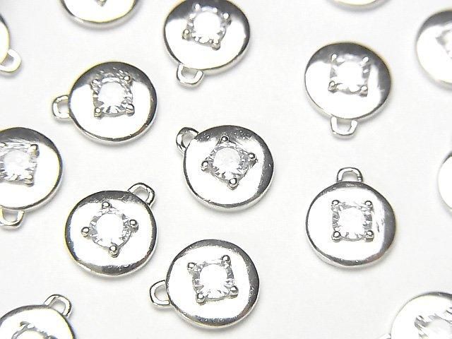 Silver 925 Coin 9x8x2.5mm Charm (with CZ) [Rhodium Plated] 2pcs