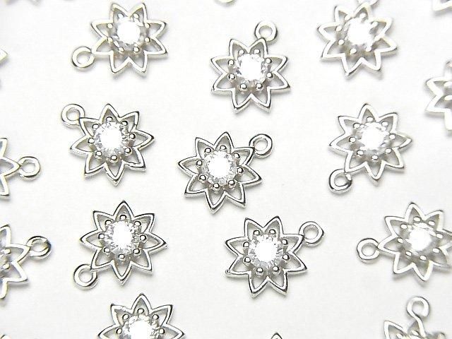 Silver 925 Flower Charm 9x7.5x2mm (with CZ) [Rhodium Plated] 2pcs