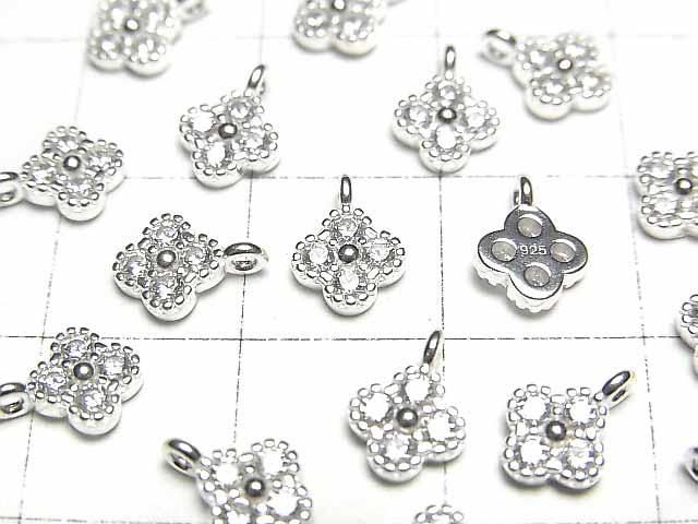 Silver 925 Flower Charm (8x6x2mm, with CZ), No Coating, 2pcs