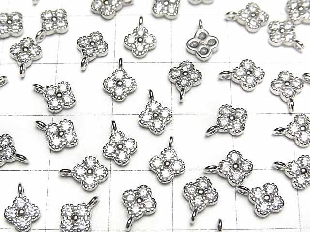 Silver 925 Flower Charm (8x6x2mm) with CZ, Rhodium Plated, 2pcs