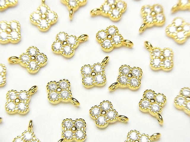 Silver 925 Flower Charm (8x6x2mm) with CZ, 18KGP, 2pcs