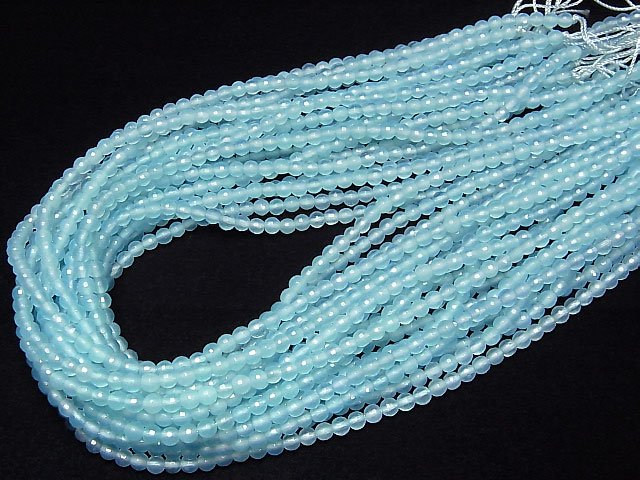 [Video] Sea blue Chalcedony AAA 128 Faceted Round 4 mm half or 1 strand beads (aprx.15 inch / 38 cm)
