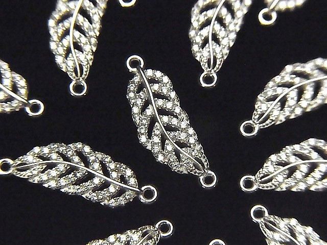 Silver 925 Feather Charm 19x6x2mm Both Sides (with CZ) [Rhodium Plated] 1pc