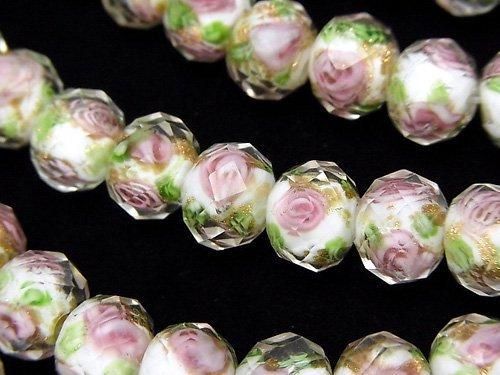 Perles à la lampe facettées bouton rondelle 10x10x7mm motif rose [blanc] demi ou 1 brin (environ 34cm)