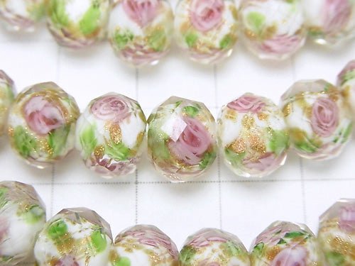 Lampwork Beads Faceted Button Roundel 10x10x7mm with rose pattern [white] half or 1strand beads (aprx.14inch / 34cm)