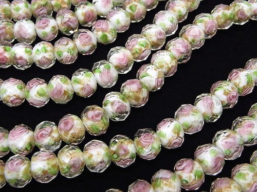 Lampwork Beads Faceted Button Roundel 10x10x7mm with rose pattern [white] half or 1strand beads (aprx.14inch / 34cm)