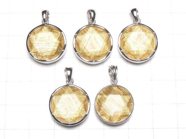 Meteorite (Muonionalusta) Pendant Both Side Finish 17 mm Yellow Gold Color Silver 925