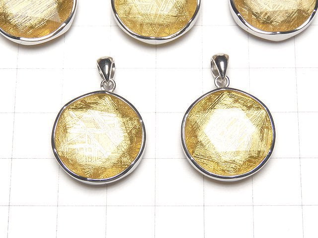 Meteorite (Muonionalusta) Pendant Both Side Finish 19 mm Gold Color Silver 925