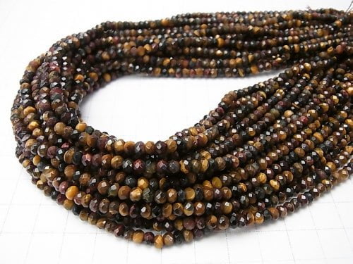 Tiger's Eye AAA 3 color mix Faceted Button Roundel 4 x 4 x 3 mm half or 1 strand beads (aprx.15 inch / 38 cm)