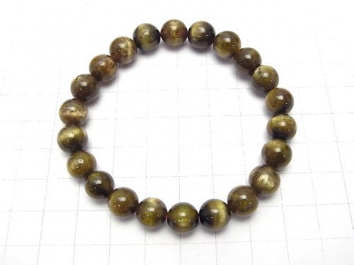 [Video] [One of a kind] Top Quality Green Tourmaline Cat's EyeAAAA Round 8-9mm Bracelet NO.17