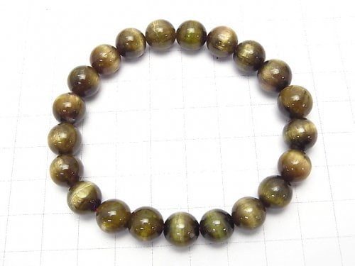 [Video] [One of a kind] Top Quality Green Tourmaline Cat's EyeAAAA Round 9-9.5mm Bracelet NO.22