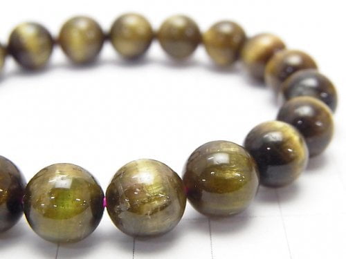 [Video] [One of a kind] Top Quality Green Tourmaline Cat's EyeAAAA Round 9-10mm Bracelet NO.23