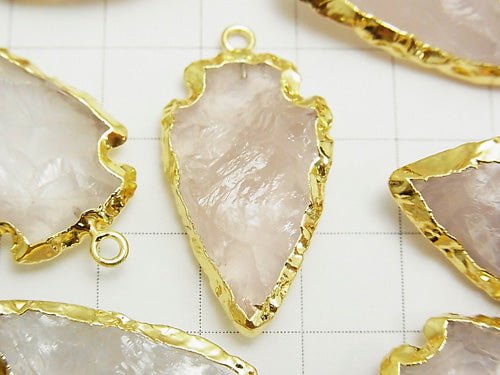 1pc $7.79! Rose Quartz Rough Rock Arrows Head Shaped Charm Gold Color 1pc