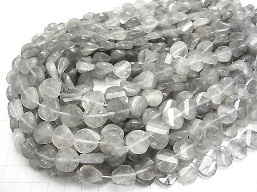 Gray Quartz AA Twist x Multiple Facets Faceted Coin 12x12x5mm half or 1strand beads (aprx.15inch/37cm)