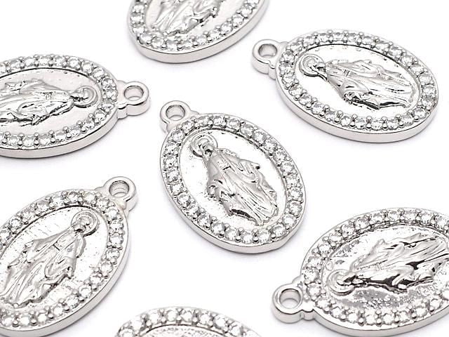 21x13mm Miraculous Medal (with CZ) Silver Charm, 2 pieces
