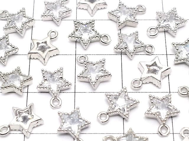 Metal parts, star motif charm, 9x7.5mm, silver color (with CZ), 3pcs