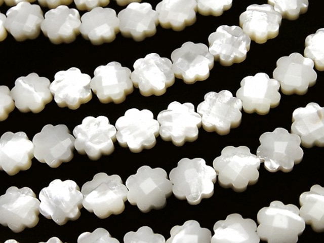 [Video] High Quality White Shell Flower (Faceted) 10x10x5mm 1/4 or 1strand beads (aprx.15inch / 38cm)