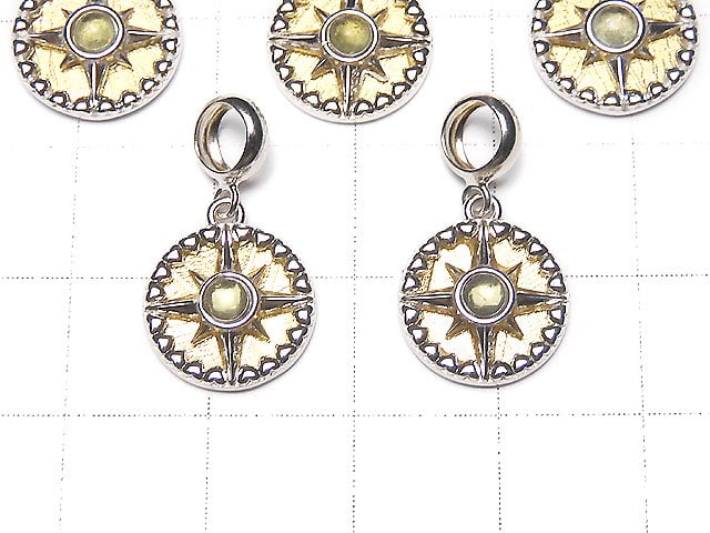 Meteorite & Moldavite 1 Stone! Compass Pendant 11x11mm Yellow Gold Silver 925
