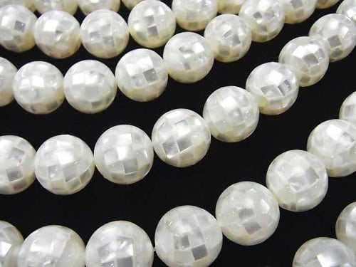 Mosaic Shell White Round 14mm 1/4 or 1strand beads (aprx.14inch/34cm)