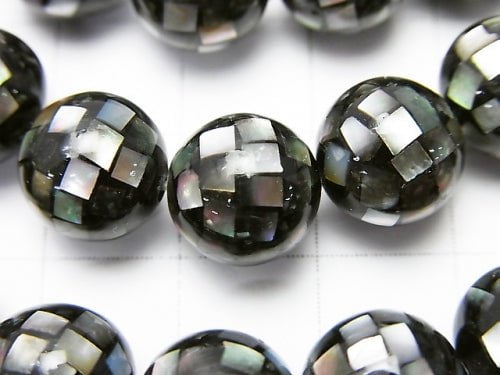 Mosaic Shell Black Round 10mm 1/4 or 1strand beads (aprx.15inch/36cm)