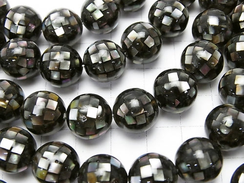 Mosaic Shell Black Round 12 mm 1/4 or 1strand beads (aprx.14 inch / 35 cm)
