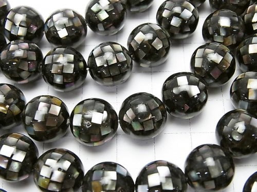 Mosaic Shell Black Round 12mm 1/4 or 1strand beads (aprx.14inch/35cm)