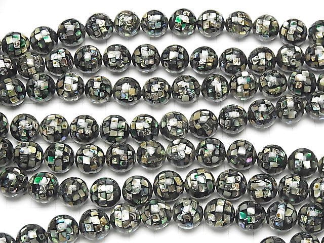 Mosaic Shell Black Round 12mm 1/4 or 1strand beads (aprx.14inch/35cm)