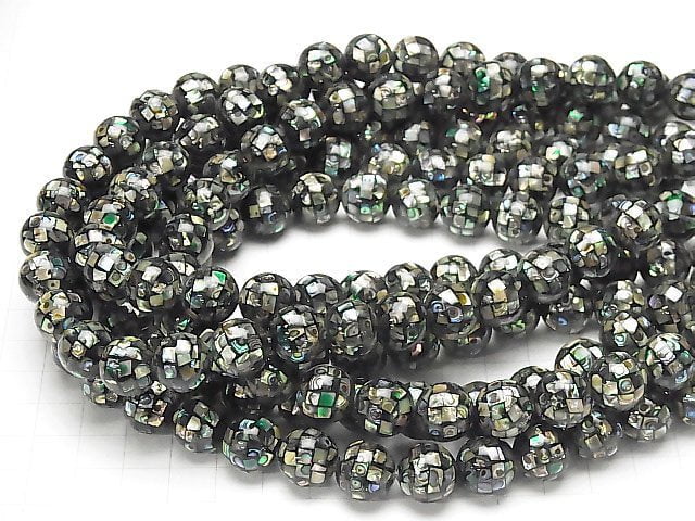 Mosaic Shell Black Round 12mm 1/4 or 1strand beads (aprx.14inch/35cm)