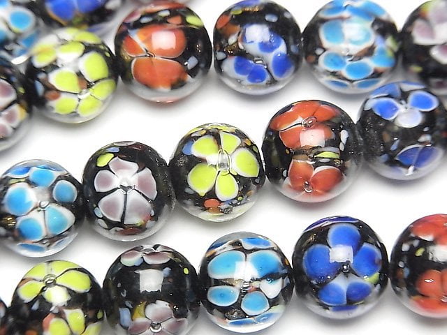 [Video] Lampwork Beads Round 10mm [Multicolor x Flower] 1/4 or 1strand beads (aprx.15inch/36cm)