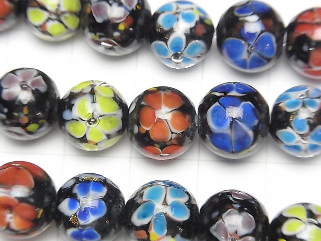 [Video] Lampwork Beads Round 10mm [Multi Color x Flower] 1/4 or 1strand beads (aprx.15inch/36cm)