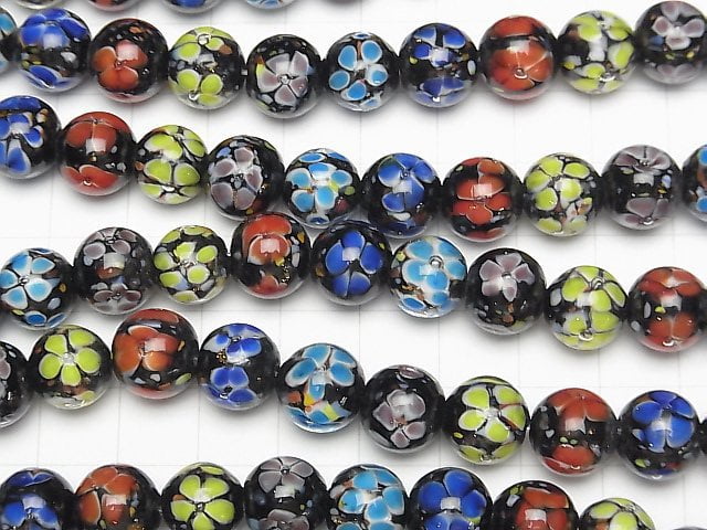 [Video] Lampwork Beads Round 10mm [Multicolor x Flower] 1/4 or 1strand beads (aprx.15inch/36cm)