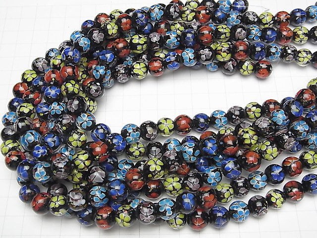 [Video] Lampwork Beads Round 10mm [Multicolor x Flower] 1/4 or 1strand beads (aprx.15inch/36cm)