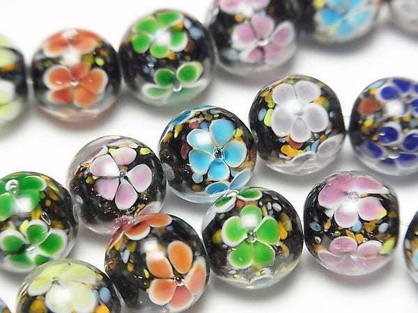 [Video] Lampwork Beads Round 12mm [Multicolor x Flower] 1/4 or 1strand beads (aprx.11inch/28cm)