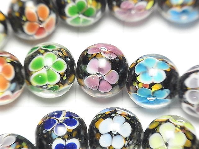 [Video] Lampwork Beads Round 12mm [Multicolor x Flower] 1/4 or 1strand beads (aprx.11inch/28cm)