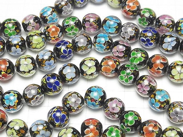 [Video] Lampwork Beads Round 12mm [Multicolor x Flower] 1/4 or 1strand beads (aprx.11inch/28cm)