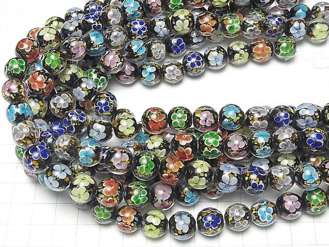 [Video] Lampwork Beads Round 12mm [Multicolor x Flower] 1/4 or 1strand beads (aprx.11inch/28cm)