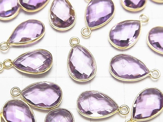 [Video]High Quality Pink Amethyst AAA Bezel Setting Faceted Pear Shape 13x9mm 18KGP 2pcs