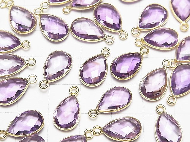 [Video]High Quality Pink Amethyst AAA Bezel Setting Faceted Pear Shape 13x9mm 18KGP 2pcs