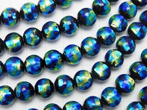 Lampwork Beads Round 10mm [Blue x Yellow] 1/4 or 1strand beads (aprx.15inch/36cm)