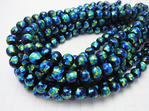 Lampwork Beads Round 10mm [Blue x Yellow] 1/4 or 1strand beads (aprx.15inch/36cm)