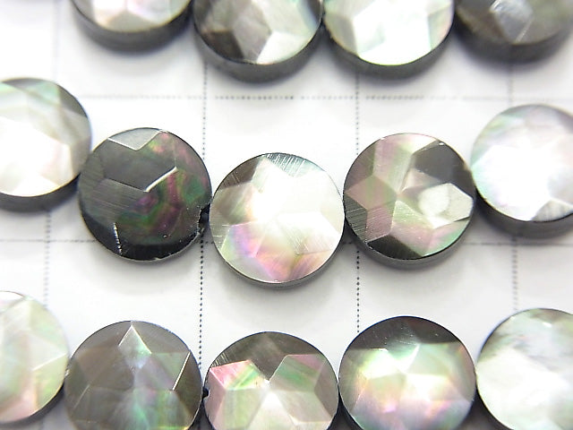 High quality Black Shell (Black-lip Oyster) Faceted Coin (star pattern) 8x8mm half or 1strand beads (aprx.15inch / 38cm)
