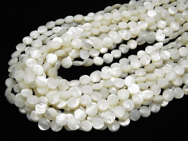 [Video] High Quality White Shell (Silver-lip Oyster) Faceted Coin (Star Pattern) 8x8x4mm 1/4-1strand beads (aprx.15inch/38cm)