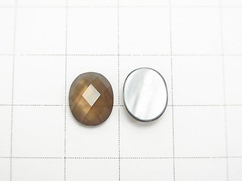 White Shell x Smoky Quartz AAA Oval Faceted Cabochon 10x8mm 3pcs